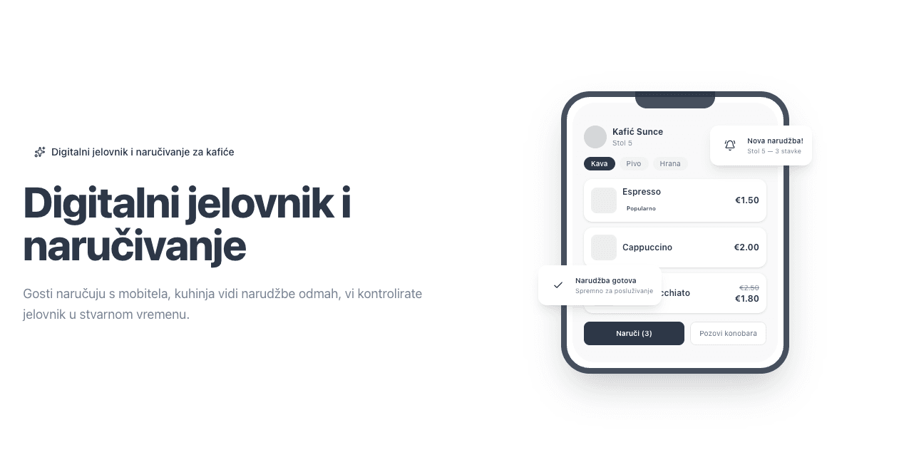 Program za narudžbe QR Order — pregled narudžbi sa statusima i brojem stola