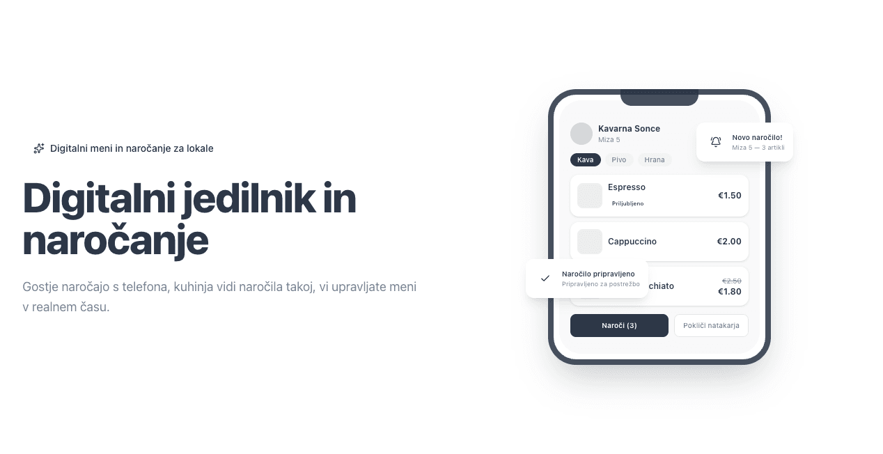 Program za naročila QR Order — pregled naročil s statusi in številko mize