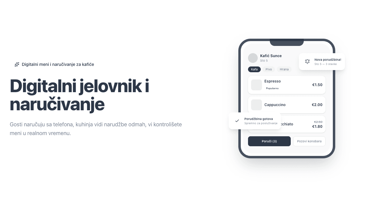 Program za kafiće QR Order — digitalni meni na telefonu gosta i pregled porudžbina